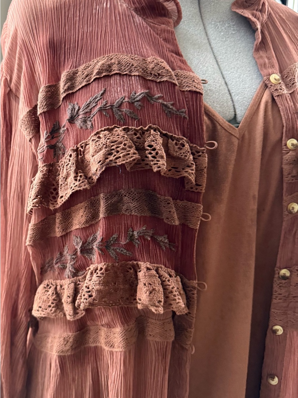 Elegant Mauve Free People Maxi button down Dress with Ruffle Detail & Slip. NWOT - Picture 7 of 8